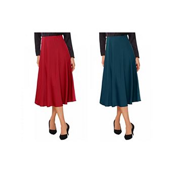 2 Packs Satin Midi Skirt for Women's High Waist A-Line Elasticized Waistband Flared Dressy Skirts
