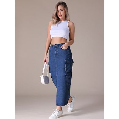 2 Packs Women's Denim Skirt Front Split Button Front Elastic Waist Flap Pockets Cargo Jean Skirts