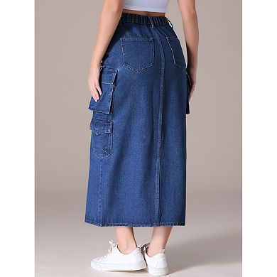 2 Packs Women's Denim Skirt Front Split Button Front Elastic Waist Flap Pockets Cargo Jean Skirts