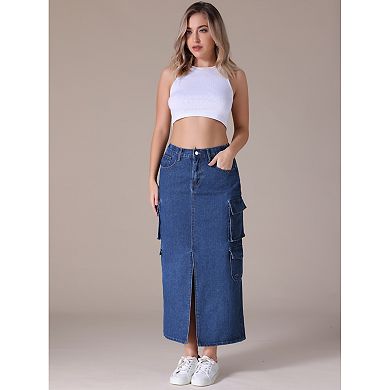 2 Packs Women's Denim Skirt Front Split Button Front Elastic Waist Flap Pockets Cargo Jean Skirts