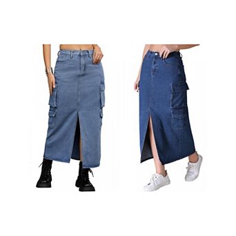 2 Packs Women's Denim Skirt Front Split Button Front Elastic Waist Flap Pockets Cargo Jean Skirts