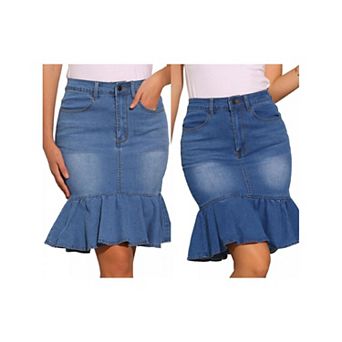 2 Packs Denim Skirt for Women's Knee Length Jean Ruffled Bodycon Fishtails Skirt