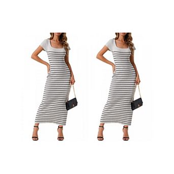 2 Packs Women's Stripe Dresses Short Sleeve Ribbed Knit Dresses Square Neck Sweater Dress