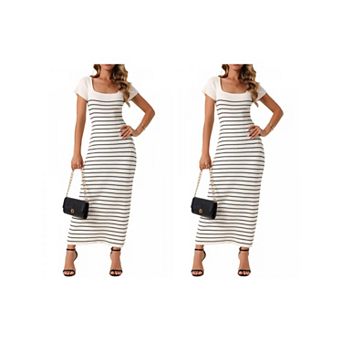 2 Packs Women's Stripe Dresses Short Sleeve Ribbed Knit Dresses Square Neck Sweater Dress