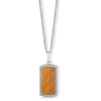 Galaxie Solaire Men's Sterling Silver 1/5 Carat T.W. Lab-Grown Diamond & Tiger's Eye Micro Pave Tag Pendant Necklace