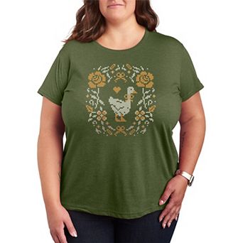 Plus Size Cottagecore Goose Cross-Stitch Graphic Tee