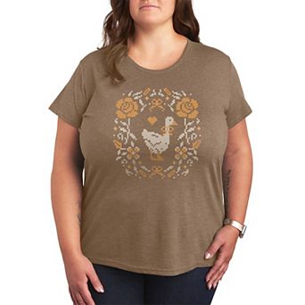 Plus Size Cottagecore Goose Cross-Stitch Graphic Tee