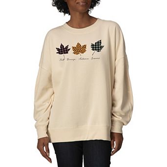 Women's Plaid & Leopard Print Leaves Oversized Fleece Crew Sweatshirt