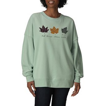 Women's Plaid & Leopard Print Leaves Oversized Fleece Crew Sweatshirt