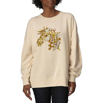 Women's Patchwork Floral Horse Head Oversized Fleece Crew Sweatshirt