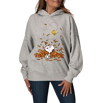 Women's Peanuts Snoopy & Woodstock Fall Leaves Oversized Fleece Hoodie Sweatshirt