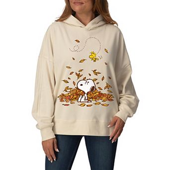 Women's Peanuts Snoopy & Woodstock Fall Leaves Oversized Fleece Hoodie Sweatshirt