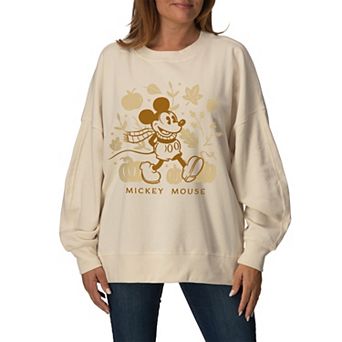 Women's Disney's Mickey Mouse Fall Leaves & Pumpkins Oversized Fleece Crew Sweatshirt