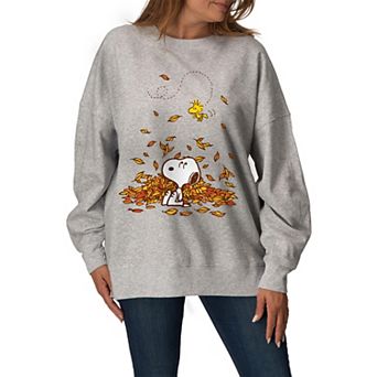 Women's Peanuts Snoopy & Woodstock Fall Leaves Oversized Fleece Crew Sweatshirt