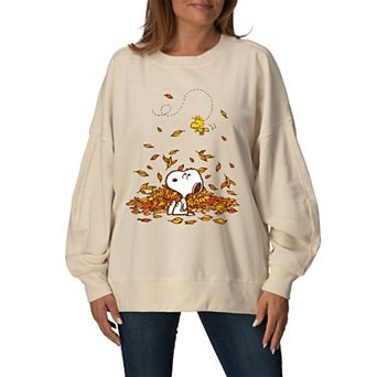 Women's Peanuts Snoopy & Woodstock Fall Leaves Oversized Fleece Crew Sweatshirt