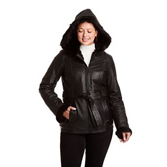 Women's Just Tanned Lamb Hooded Belted Coat with Faux Fur