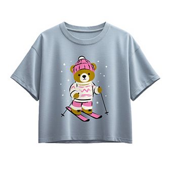 Girls 7-16 Cute Teddy Bear Skiing Boxy Tee