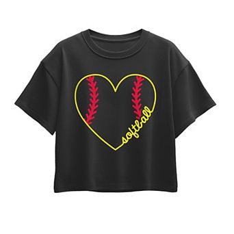 Girls 7-16 Softball Heart Script Boxy Tee