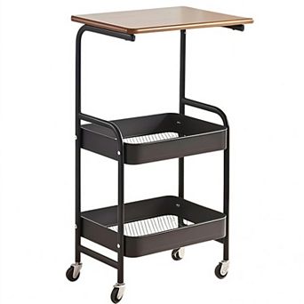 3 tier Rolling Storage Cart with Wooden Top and Locking Wheels