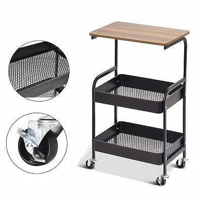 3-Tier Rolling Storage Cart with Wooden Top and Locking Wheels