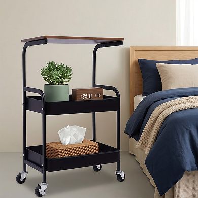 3-Tier Rolling Storage Cart with Wooden Top and Locking Wheels