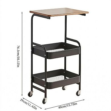 3-Tier Rolling Storage Cart with Wooden Top and Locking Wheels