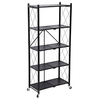 5 tier Heavy Duty Foldable Metal Storage Rack with Wheels for Garage or Kitchen