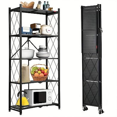 5-Tier Heavy Duty Foldable Metal Storage Rack with Wheels for Garage or Kitchen