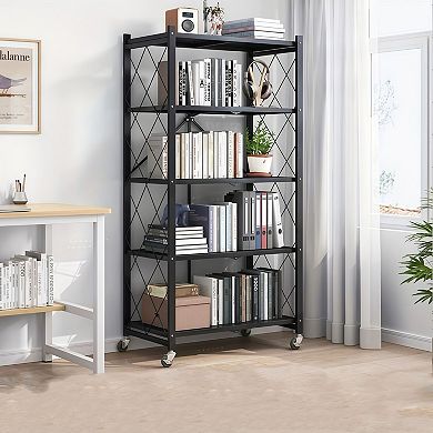 5-Tier Heavy Duty Foldable Metal Storage Rack with Wheels for Garage or Kitchen