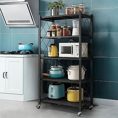 5-Tier Heavy Duty Foldable Metal Storage Rack with Wheels for Garage or Kitchen