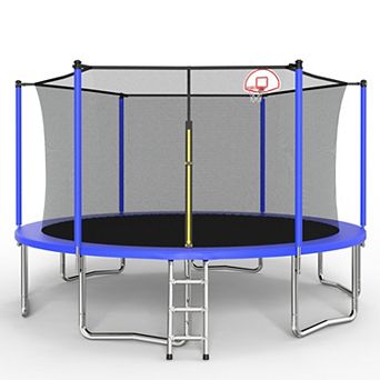 14-Foot Kids Outdoor Trampoline with Safety Enclosure Net and Basketball Hoop for Backyard