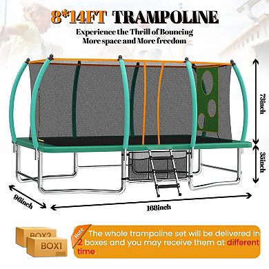 8x14 Ft Rectangular Outdoor Tumbling Trampoline with Safety Enclosure Net