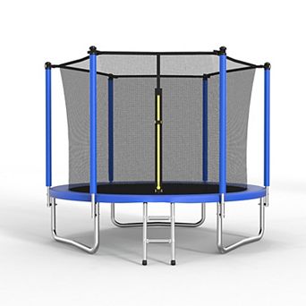 Outdoor 8-Foot Kids Trampoline with Safety Enclosure Net Basketball Hoop and Ladder