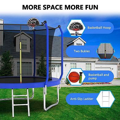 10FT Outdoor Trampoline with Basketball Hoop Enclosure Net for Backyard Play