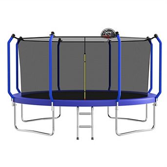 14FT Outdoor Trampoline with Basketball Hoop and Safety Enclosure Net