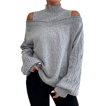 Women's Cold Shoulder Mock Neck Sweater Long Sleeve Cable Knit Pullover