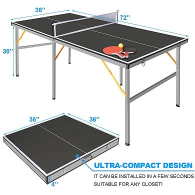 Midsize Foldable Table Tennis Set 72x36 Inch Portable Ping Pong Table For Game Rooms