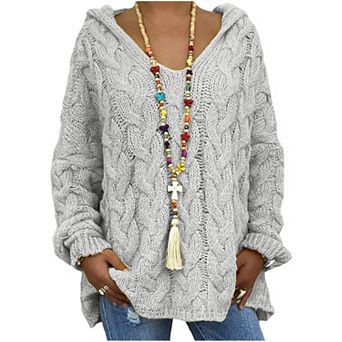 Women's Cable Knit Sweater Casual V Neck Pullover Long Sleeve Chunky Knit Tops