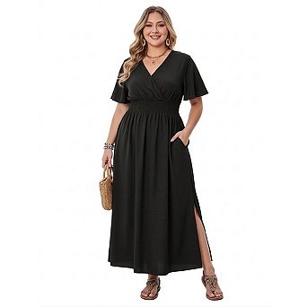 Women's Plus Size Maxi Dress Short Sleeve V Neck Slit Dress Summer Casual Dress