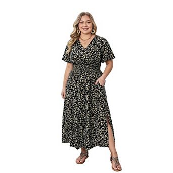Women's Plus Size Maxi Dress Short Sleeve V Neck Slit Dress Summer Casual Dress