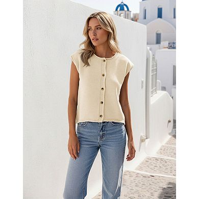 Women's Short Sleeve Sweater Lightweight Cardigan Crew Neck Button Top
