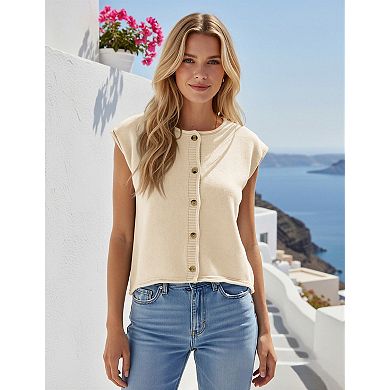 Women's Short Sleeve Sweater Lightweight Cardigan Crew Neck Button Top