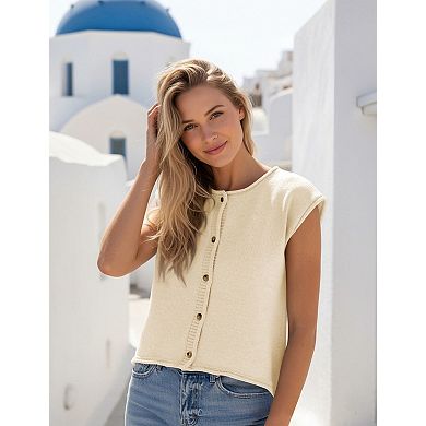 Women's Short Sleeve Sweater Lightweight Cardigan Crew Neck Button Top