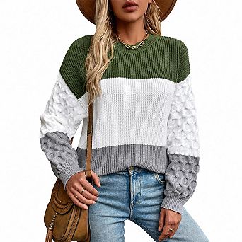 Women's Color Block Crew Neck Long Sleeve Loose Pullover Sweater