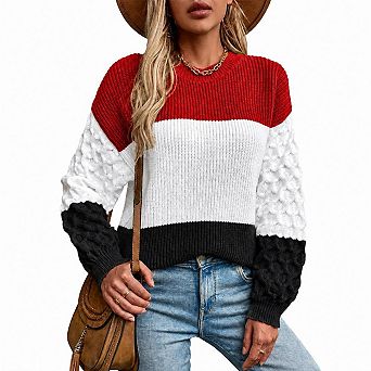 Women's Color Block Crew Neck Long Sleeve Loose Pullover Sweater