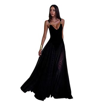 Women's Deep V Mesh Maxi Dress Flowy Evening Gown