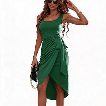 Women U Neck Sleeveless Midi Dress Side Self Tie Ruched Wrap High Low Split Hem Casual Bodycon Dress