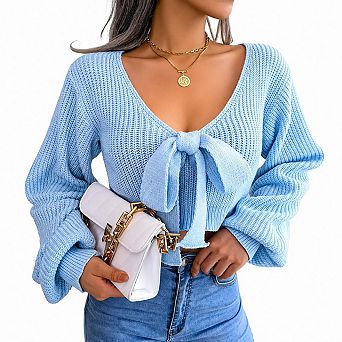 Women's Bow Detail Short Loose Long Sleeve Knit Pullover Top Sweater