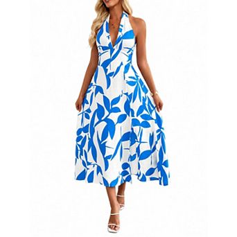 Women's V Neck Halter Sleeveless Open Back Midi Dress