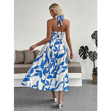 Women's V Neck Halter Sleeveless Open Back Midi Dress